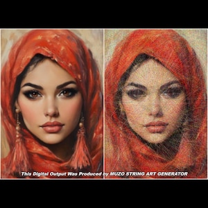 Puede incluir: Una comparación lado a lado que muestra un retrato pintado de una persona con un pañuelo rojo con borlas junto a una recreación en arte de hilos. El texto en la parte inferior dice: This Digital Output Was Produced by MUZO STRING ART GENERATOR.