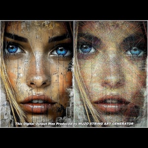 May include: A split-screen comparison showing a portrait of a face with blue eyes on the left and a complex, multi-colored string art interpretation on the right. The text at the bottom reads: This Digital Output Was Produced by MUZO STRING ART GENERATOR.