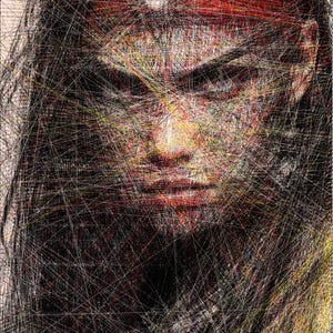 May include: Abstract portrait of a person with long dark hair and a red headband. The image is created with a series of intersecting lines in various colors, giving it a textured, artistic appearance. The face is visible, with a focused expression.