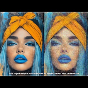 May include: A split-view portrait featuring a vibrant yellow headwrap on a person with bright blue hair, blue eyeshadow, and blue lipstick. The left side is a smooth illustration, while the right side is a string art recreation. Text reads: This Digital Output Was Produced by MUZO STRING ART GENERATOR.