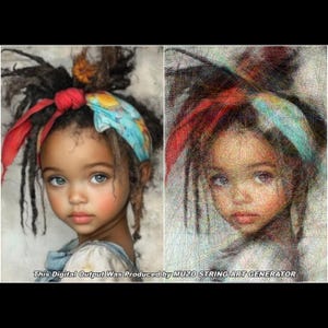 May include: A split-view image showing a portrait of a child with dark dreadlocks and a colorful headscarf on the left, and a corresponding string art recreation on the right. The text at the bottom reads: This Digital Output Was Produced by MUZO STRING ART GENERATOR.
