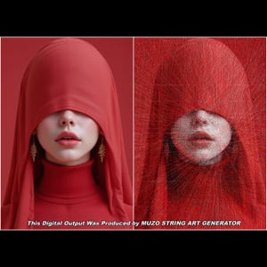 May include: A split-view image showing a smooth red hooded garment on the left and a red string art portrait of the same subject on the right. The text at the bottom reads: This Digital Output Was Produced by MUZO STRING ART GENERATOR.