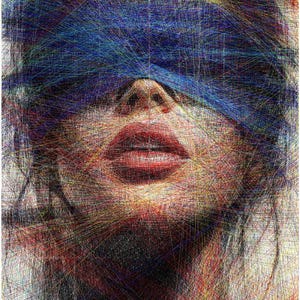 Op de afbeelding: Een portret gemaakt met kruisende gekleurde draden die een gezicht afbeelden met een blauwe blinddoek over de ogen en rode lippen. De afbeelding bevat een dicht web van lijnen in diverse kleuren en onderaan de tekst This Digital Output Was Produced by MUZO STRING ART GENERATOR.