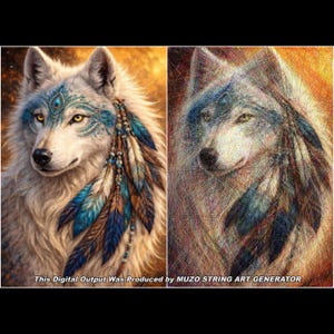 May include: A side-by-side comparison showing a digital illustration of a white wolf with blue facial markings and feathers on the left, and a string art version on the right. Text at the bottom reads: This Digital Output Was Produced by MUZO STRING ART GENERATOR.