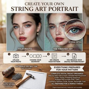 May include: A digital guide for creating string art portraits, featuring a photo-to-art comparison, a four-step process diagram, and a sample pattern with a spool of thread, nails, and a hammer on a wooden surface.
