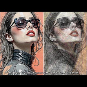 May include: A split-screen comparison showing a digital illustration of a person wearing black sunglasses on the left and a string art interpretation on the right. The text at the bottom reads: This Digital Output Was Produced by MUZO STRING ART GENERATOR.