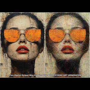 May include: A split-screen digital artwork showing a portrait of a face wearing orange-tinted sunglasses and red lipstick. The left side features a textured, painterly style, while the right side uses a complex web of intersecting lines. Text reads: This Digital Output Was Produced by MUZO STRING ART GENERATOR.
