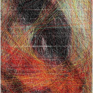 May include: Abstract artwork featuring a portrait created with a dense network of colorful lines. The composition uses red, yellow, green, and black lines to form the image. The artwork has a textured appearance.