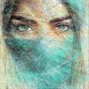 Könnte beinhalten: Abstraktes digitales Kunstporträt einer Person mit einem türkisfarbenen Schleier, erstellt mit einer Vielzahl farbenfroher Linien. Die Augen sind der Mittelpunkt, mit einem Blick, der den Betrachter anzieht. Das Kunstwerk verwendet eine Vielzahl von Farben, darunter Türkis, Gelb, Rot und Schwarz.