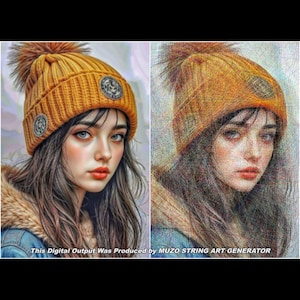 May include: A split-screen image showing a mustard yellow ribbed knit beanie with a pom-pom and a circular patch on the left, and a stylized string art version of the same beanie on the right, with the text This Digital Output Was Produced by MUZO STRING ART GENERATOR.
