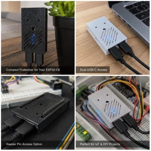 May include: A rectangular protective case for an ESP32-C6 development board, available in black or white. The case features diagonal ventilation slots, a circular opening, and dual USB-C ports. Text on the image includes Compact Protection for Your ESP32-C6, Dual USB-C Access, Header Pin Access Option, and Perfect for IoT & DIY Projects.