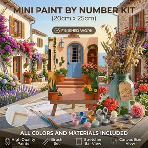 May include: A mini paint by number kit measuring 20cm x 25cm, featuring a canvas on a wooden easel depicting a Mediterranean doorway with potted plants. Includes a set of small paint pots, brushes, and a printed guide on a wooden table.