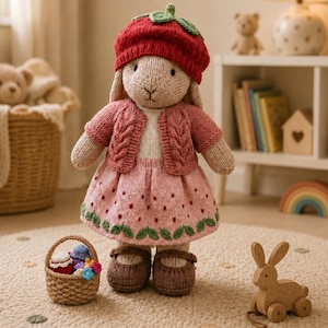 May include: A knitted rabbit doll wearing a red strawberry-shaped beret, a pink cable-knit cardigan, and a light pink skirt with a strawberry pattern. The doll has brown shoes and stands next to a small woven basket filled with colorful items.