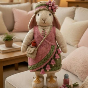 Op de afbeelding: Gebreide konijnenpop met een roze jurk, groene rok en bijpassende hoed met bloem. Het konijn heeft een kleine tas en staat op een crèmekleurige poef. Een klein boeket en accessoires liggen in de buurt.
