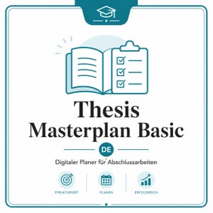 May include: A teal and white graphic with the words "Thesis Masterplan Basic" and "Digitaler Planer für Abschlussarbeiten." The image includes illustrations of an open book, a clipboard with checkmarks, a target, a calendar, and a graph.