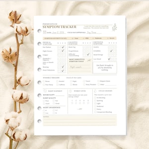 May include: A white paper perimenopause symptom tracker planner insert with six binder holes on the left side. The form includes sections for physical, cognitive, and emotional symptoms, triggers, sleep, energy levels, and cycle changes with text.