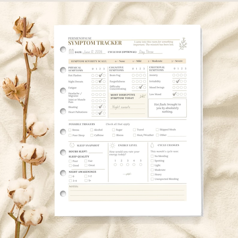 May include: A white paper perimenopause symptom tracker planner insert with six binder holes on the left side. The form includes sections for physical, cognitive, and emotional symptoms, triggers, sleep, energy levels, and cycle changes with text.