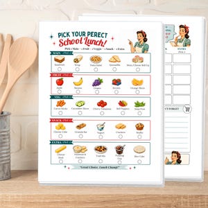 May include: A white paper school lunch planner sheet featuring a retro-style illustration of a person, with categories for main, fruit, veggie, snack, and extra items. The text reads Pick Your Perect School Lunch and Great Choice, Lunch Champ.