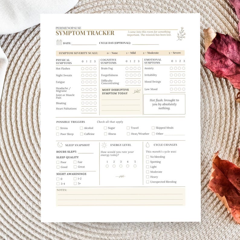 May include: A white paper perimenopause symptom tracker form with black text and beige accents. The document includes sections for physical, cognitive, and emotional symptoms, triggers, sleep, energy levels, cycle changes, and notes.