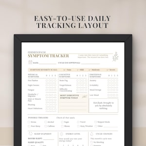 May include: A perimenopause symptom tracker printable sheet in a black frame. The document features sections for date, cycle day, symptom severity scale, physical, cognitive, and emotional symptoms, triggers, sleep, energy, and cycle changes with text.