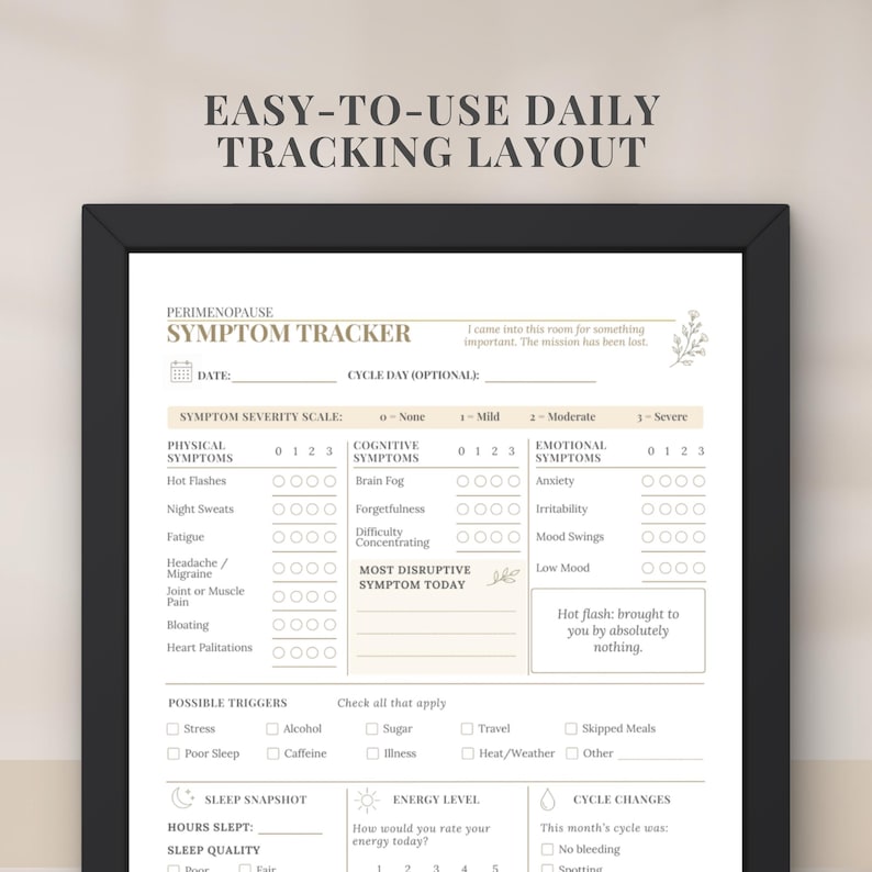 May include: A perimenopause symptom tracker printable sheet in a black frame. The document features sections for date, cycle day, symptom severity scale, physical, cognitive, and emotional symptoms, triggers, sleep, energy, and cycle changes with text.