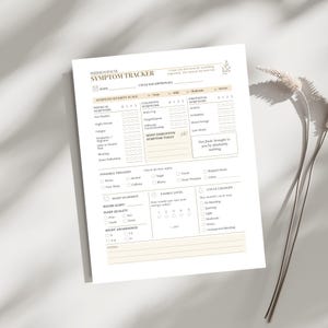 May include: A white paper perimenopause symptom tracker form with beige accents. The document includes sections for physical, cognitive, and emotional symptoms, a severity scale, possible triggers, sleep snapshot, energy level, and cycle changes.