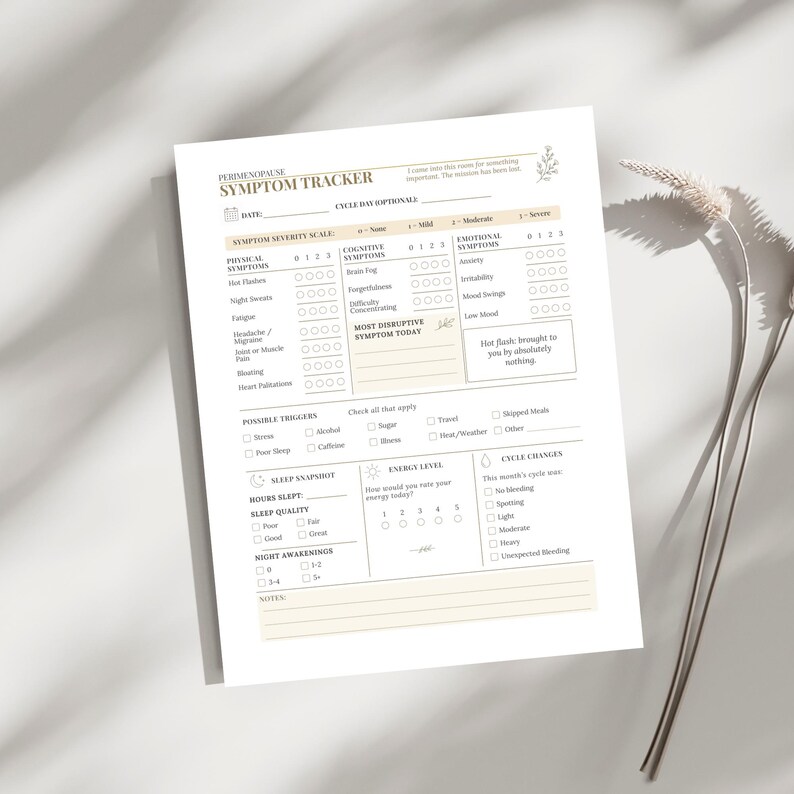 May include: A white paper perimenopause symptom tracker form with beige accents. The document includes sections for physical, cognitive, and emotional symptoms, a severity scale, possible triggers, sleep snapshot, energy level, and cycle changes.