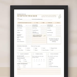 May include: A framed perimenopause symptom tracker document with a black border. The white page features sections for physical, cognitive, and emotional symptoms, a severity scale, potential triggers, sleep snapshot, energy level, and cycle changes.