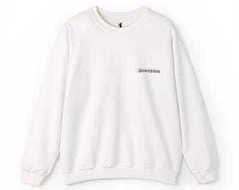 May include: A white crewneck sweatshirt with long sleeves. The sweatshirt features a small black bear logo near the neckline and the word "Friedrichshain" in black, stylized text on the front.