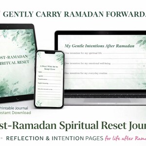 Op de afbeelding: Een digitale illustratie met een tablet, smartphone en laptop met een "Post-Ramadan Spiritual Reset Journal". De apparaten tonen journaalpagina's met vragen voor reflectie en intenties. De tekst bevat "Gently Carry Ramadan Forward" en "Reflection & Intention Pages".