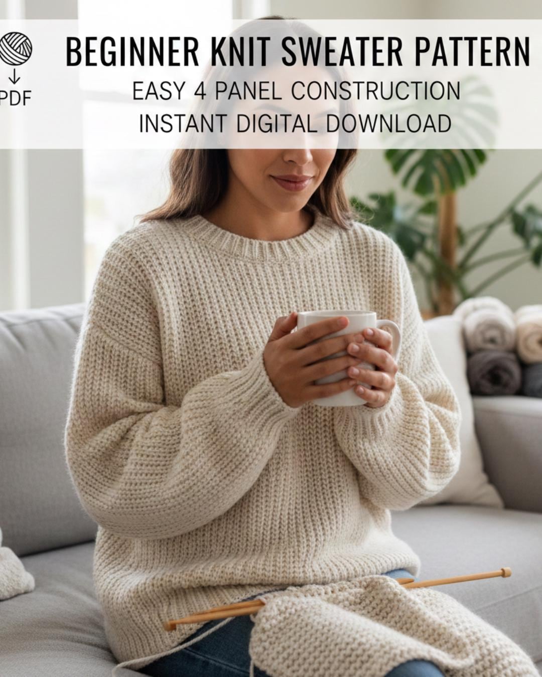 Beginner Knit Sweater Pattern | Easy 4 Panel Pullover (PDF Download) - Etsy