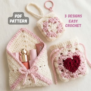Patrón de bolsita de crochet, sobre con lazo, cordón de corazón y estuche de abuela (patrón en PDF)