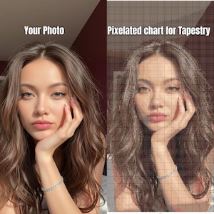 May include: A split image. The left shows a person with long brown hair and a bracelet. The right shows a pixelated chart for a tapestry, based on the photo. Text reads "Your Photo" and "Pixelated chart for Tapestry".