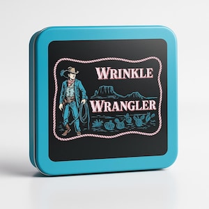 May include: A turquoise metal tin with a black background featuring a cowboy illustration and the words "Wrinkle Wrangler" in pink. The cowboy is wearing a hat, blue jeans, and holding a rope. The design includes desert landscape elements.