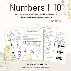 Könnte beinhalten: Mehrere gedruckte Arbeitsblätter mit dem Titel "Learning Numbers 1-10" mit farbigen Illustrationen und Text. Die Arbeitsblätter sind für die frühkindliche Bildung konzipiert und enthalten Übungen zur Erkennung von Zahlen und zum Zählen. Der Text "Numbers 1-10" steht oben.