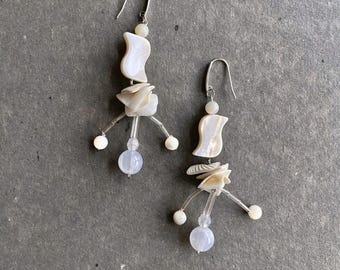 Shell Chime Earrings “Suspended Structure” (2 Styles) / Mother of Pearl Statement Earrings / Asymmetrical Sculptural Jewelry