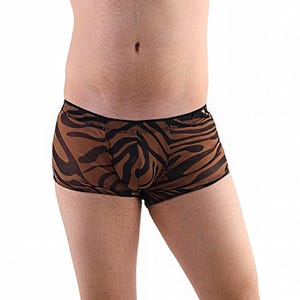 Puede incluir: Unos calzoncillos tipo bóxer con un estampado de rayas de tigre en marrón y negro. La prenda presenta una silueta ajustada con una cintura elástica negra y ribetes negros en las aberturas de las piernas, confeccionada en tejido ligero semitransparente.