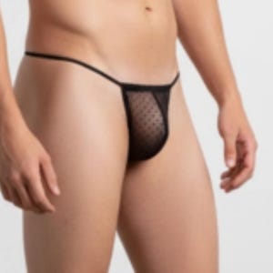 May include: Black thong underwear with a sheer, dotted fabric panel. The thong features a thin waistband and string sides. The garment is designed for intimate apparel.