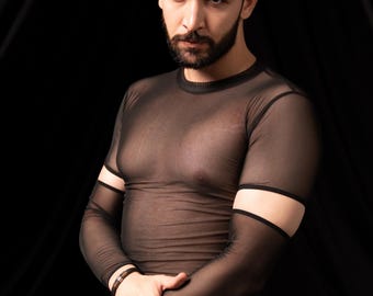JEU JEU VEIL – Top de malla transparente para hombre con mangas extraíbles / Camisa de tul transparente