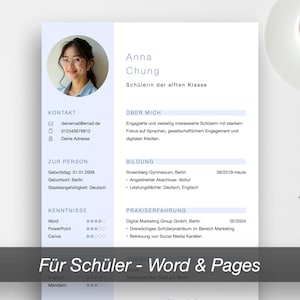 Lebenslauf Vorlage für Schüler | Bewerbungsmappe für Praktikum, Ausbildung, Studium | Microsoft Word & Apple Pages | hellblau