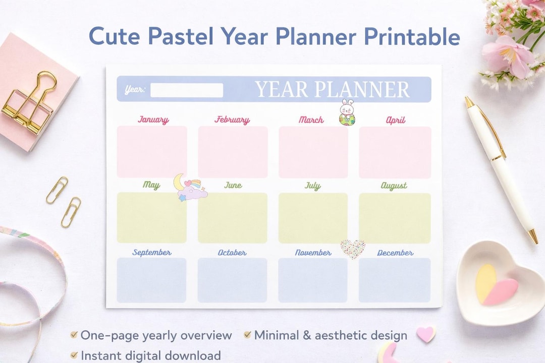 Cute Pastel Year Planner Printable | Annual Planner Template | Kawaii ...