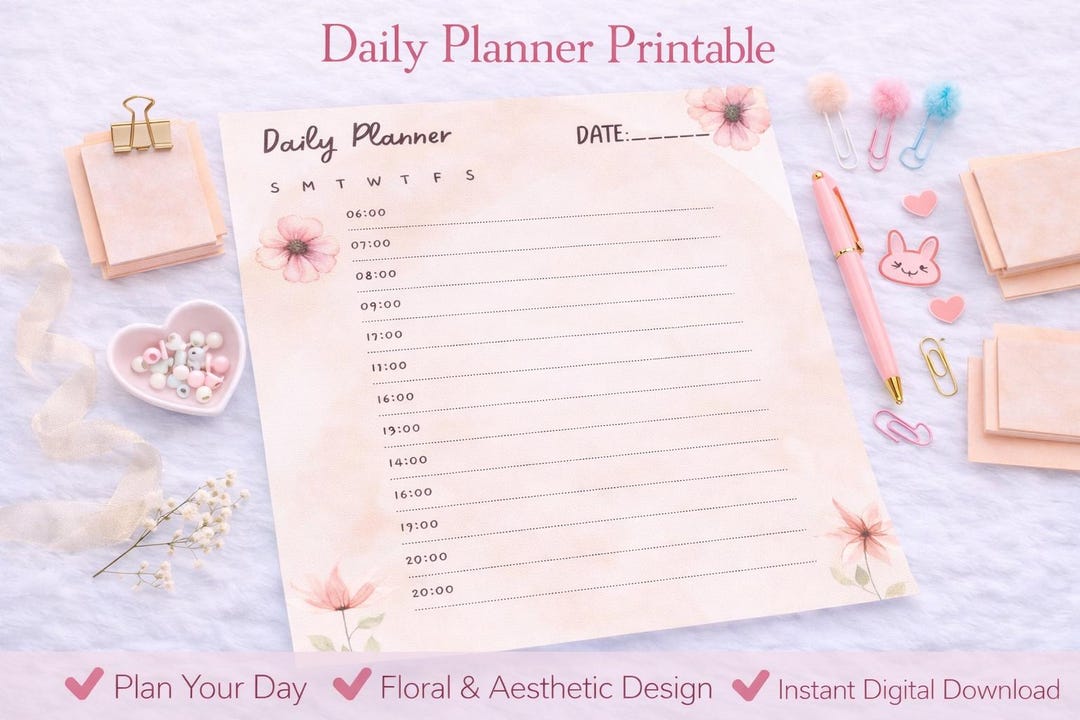 Daily Planner Printable | Floral Daily Schedule | Aesthetic Hourly ...