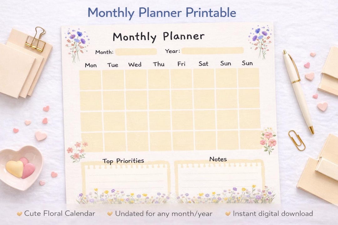Monthly Planner Printable | Floral Monthly Planner | Cute Undated ...