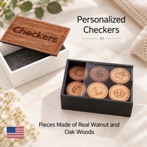 Juego de damas de madera personalizado / Piezas grabadas de nogal y roble