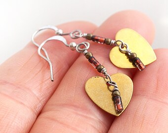 Brass Heart Earrings, Tiny Red Resistor Electronic Wearable Tech Computer Techie