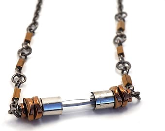 Antique Fuse Glass Tube Necklace, Copper Hematite, Wearable Tech Upcycled Recycled Electronic Computer Part, Techie