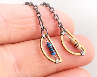 Half Moon Geometric Earrings Petite Blue Resistor Electronic Black Gunmetal Chain Wearable Tech Computer Techie Jewelry