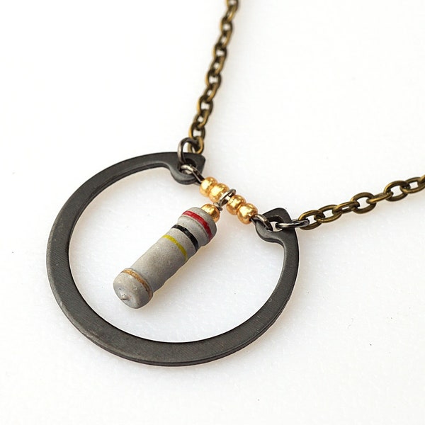 ON VACATION, Gray Resistor Black Steampunk Necklace, Wearable Tech, Computer Techie Jewelry Electronic Eco Friendly