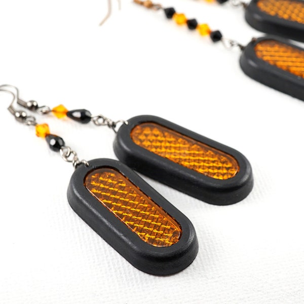 ON VACATION, Halloween Earrings, Fun Bike Upcycled Bicycle Earrings REFLECTOR Orange and Black Earrings eco friendly