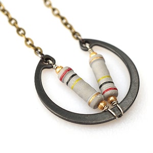 ON VACATION, Double Gray Resistor Black Steampunk Necklace, Wearable Tech, Computer Techie Jewelry Electronic Eco Friendly